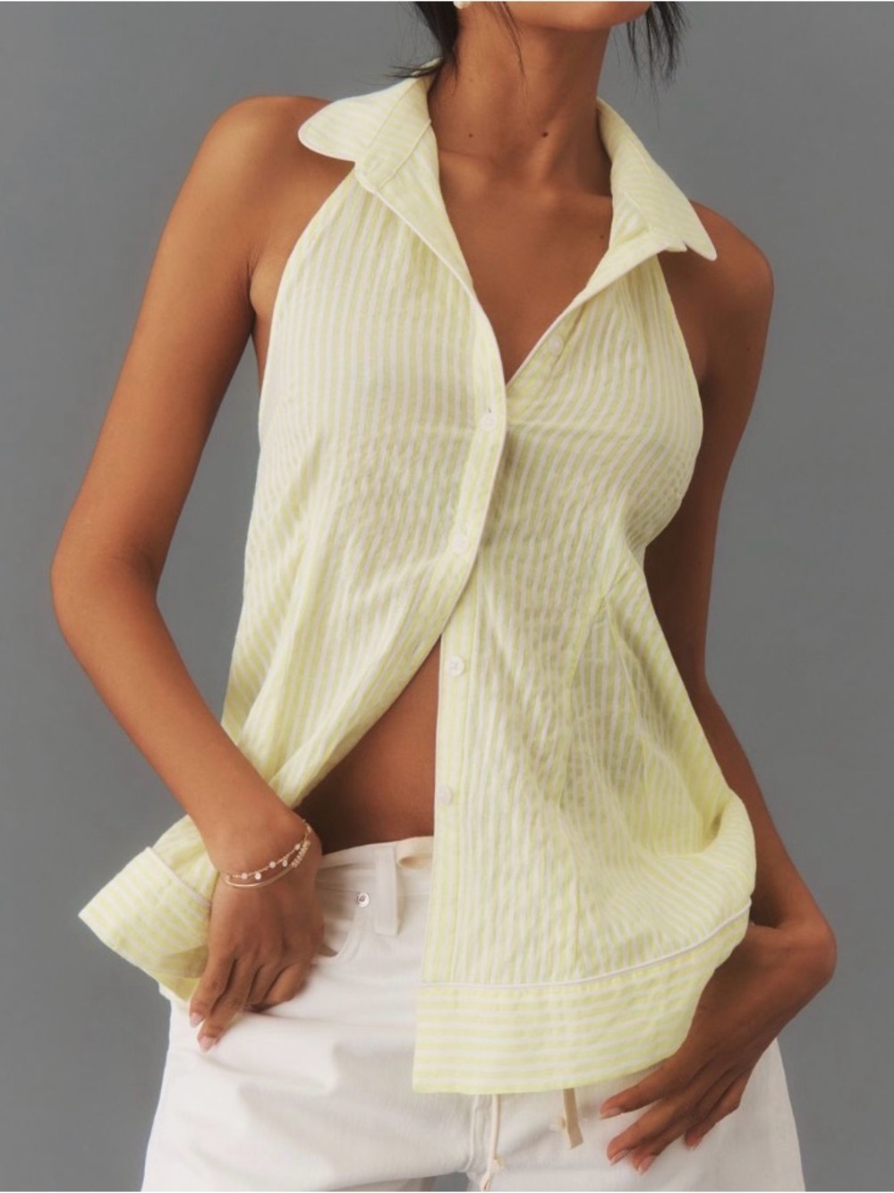 Anthropologie Light Yellow Striped Halter Collared Button-Down Top
